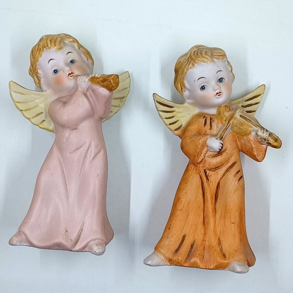 Vtg 2 Homco Musical Child Angel Figurines 5400 Bisque Christmas Taiwan 6” Tall